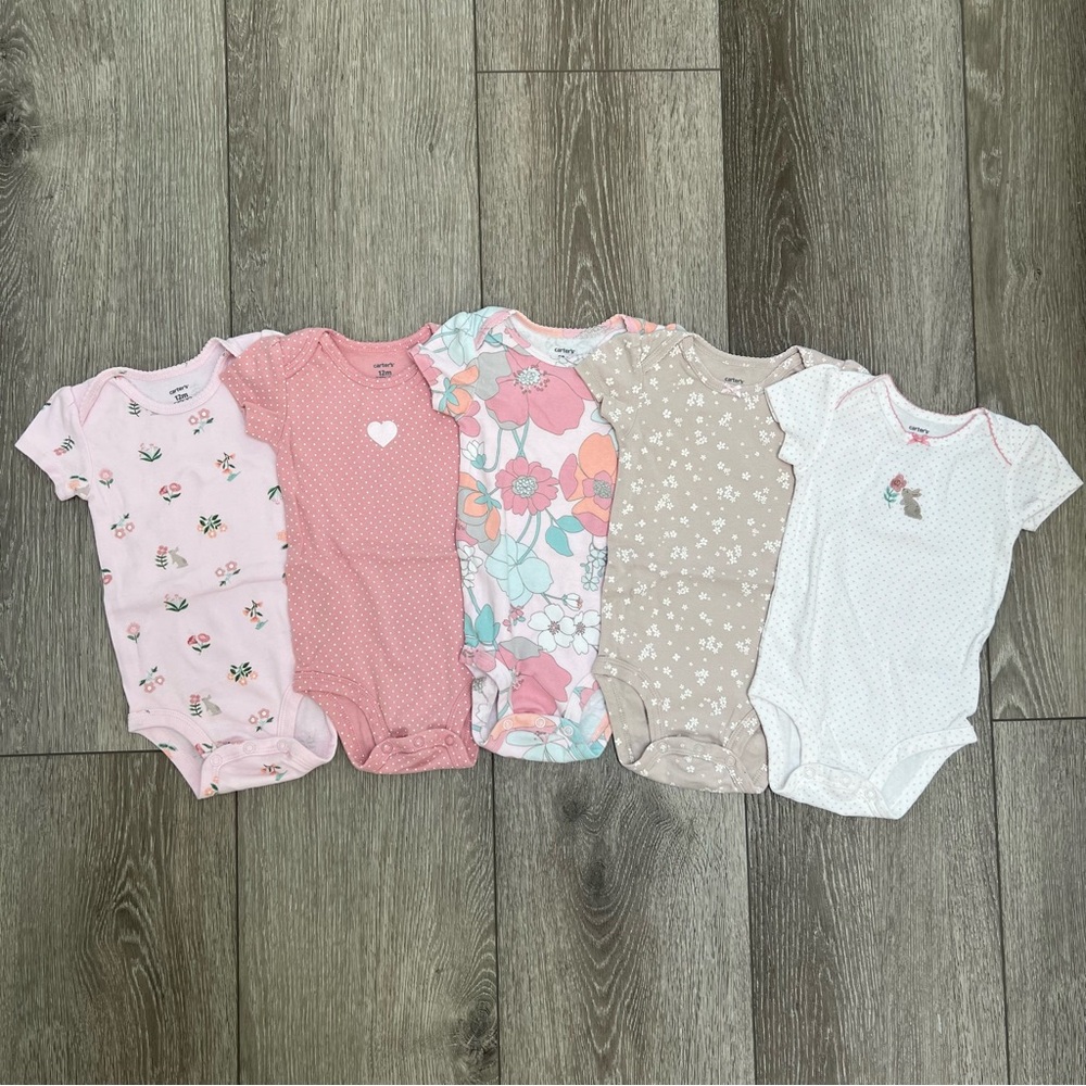 CARTERS 5PC SHORT SLEEVE BODYSUITS FLORAL BUNNY PINK 12MO